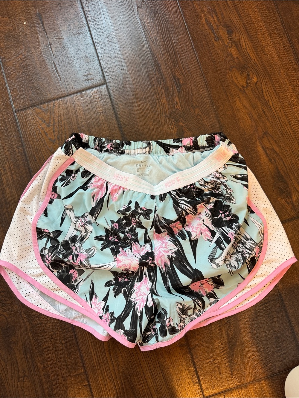 Nike Women's Floral Athletic Shorts in Light Blue and Pink Trim